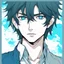 Placeholder: A headshot of a confident handsome man with messy black hair and blue eyes, wearing casual, modern attire, colored manga style, intricately detailed,