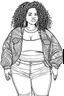 Placeholder: black curvy woman eyes front camera coloring page fashion style full body