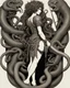 Placeholder: full-length, detailed persona, sword in hand, gorgon medusa, from the back, half-turn, full-length, leans on one leg, snakes on the head instead of hair