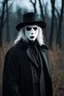 Placeholder: photo raw, 8k uhd, 1990s film still, front man in black trenchcoat and black hat, wearing white plastic halloween mask, white hair, in a dark sfield, sharp focus, realistic,