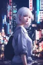 Placeholder: 1girl,(8k, RAW photo, best quality, masterpiece:1.3),(realistic,photo-realistic:1.37),(night),(looking at viewer:1.331),(white hair),posing,Tokyo street,nightcityscape, , cyberpunk city,soft light,1girl,extremely beautiful face,bust,put down hands,Random hairstyle,Random expression,big eyes, ,lower abdomen,(short-sleeved JK_shirt),JK_style,(dark blue JK_skirt) ,(bow JK_tie),,mix4, an extremely delicate and beautiful girl, depth of field, blurry background, blurry foreground,, delicate, beautifu