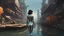 Placeholder: woman in a silver catsuit looking at a view of buildings made of reused dirty rusty metal next to a futuristic canal junction, cyberpunk, many painted colours, flying boats, balconies, bridges, people, shopping, eating, walking, fifth element, ghost in the shell, altered carbon, Ian McQue a masterpiece, 8k resolution, dark fantasy concept art, by Greg Rutkowski, dynamic lighting, hyperdetailed, intricately detailed, Splash screen art, trending on Artstation, deep color, Unreal Engine, volumetric