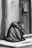 Placeholder: One single mature homeless cat with worn out clothes, sleeping in a corner on the street, Vienna, mourning, model style, hyper realistic, extremely accurate, delicate, extremely detailed, Graphic novel style, wide-angle, open aperture, superfine pencil