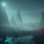 Placeholder: sci-fi city underwater with pyramids and ancient writings, mood is gloomy, colors include blue and red and green, shafts of lighting, mist, , photorealistic, , volumetric light, cinematic