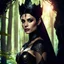 Placeholder: Morena Baccarin as a beautiful sexy dark elf queen seated elegantly on a throne in a mystical forest, dark celtic vignette frame, photo-realistic, cinematic lighting, award-winning photography