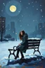 Placeholder: Painting of a lonely young woman . snowy night. sitting on a park bench. cityscape. full moon. night time oil painting. expressive brush strokes. solitude. pensive mood. Urban Melancholy