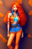 Placeholder: Full body of beautiful girl nami, Hair Color: Orange, Style: Wavy, Outfit Top: Blue, Outfit Bottom: Orange, Shoes: Brown, Accessories: Tangerine, Weapon: Clima-Tact, Hat: Straw, Tattoo: Pinwheel, Earrings: Hoops, sophisticated,, beautiful woman, hyper realistic, hyperrealism, photoreal, realistic, photorealistic, soft pastels, full-body, standing, long shot, wide angle, aesthetic