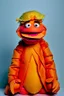 Placeholder: a Film Photograph of an orange Donald Trump Muppet made of felt and fur yelling at everybody