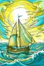 Placeholder: Mohana viajando en el velero una mañana soleada en el mar, llegando a una isla, pájaros volando, viento soplando, sol radiante al estilo van gogh