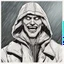 Placeholder: a closeup of a psychopathic young man with white eyes in a heavy coat and hood during a rainstorm laughing cartoon