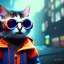 Placeholder: Scottish cat toddler, smile, cyberpunk headphone, sunglass, gangsta neckless, full body, orange puffer jacket, tokio background, dramatic lighting, hyper realistic, unreal engine 5, 16k