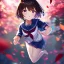 Placeholder: Clear focus,High resolution, one girls, Short brown hair, Purple eyes, Wearing a sailor uniform jumping with blurry sakura leafs falling down