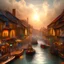 Placeholder: medieval city river, sunny, clouds, fantasy