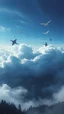 Placeholder: 4 Triangle spaceships in the cloud in the background big birds with a lot of dark blue clouds and waterfalls and trees