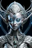 Placeholder: A beautiful alien with big eyes and small nose and mouth wearing a bioluminescense white zafír biomechanical silver metallic diadem hair , wearing biomechanical amalgamation style leather jacket dress ribbed with silver floral metallic filigree biomechanical vantablack pattern, organic bio spinal ribbed detail of gothic winter backround extremely detailed maximalist hyperrealistic portrait art