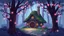 Placeholder: hobbit cottage in the woods surrounded by trees with fairy lights with a whimsical like feel, with pinks, blues, purple colors , illustration