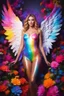 Placeholder: Gorgeous Realistic Photography Super Model European Beautiful Woman as Angel with clothing abstracts flowers luxury casual body latex dressing painting art neons rainbow colors glowing in the dark and colorful details, light leaks boleh colors,flowers background