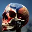 Placeholder: a picture of a dark, comedic, anatomically correct wall of red white and blue tightly packed stacked skulls of varying sizes and expressions, photo realistic, insanely meticulous, highly detailed, part of a collection of bones on display, 64k, dystopian, vray, anatomically correct