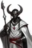 Placeholder: En Young male black skin black hair tiefling Wizard with large horns glowing Silver and White symbols Everywhere on his body. He's wearing silver and White Rope and a silver cloak. His horn a perfectly place on acet from the front to the back pointing upwards with glowing Red cat Eyes holding a quarterstaff. His close is elegant get simple his horns Are Same size