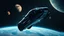 Placeholder: Expensive luxury sports car floating upside down in outer space. Planets, moons, stars, etc. Award-winning photograph, exquisite realism