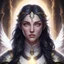 Placeholder: Generate a dungeons and dragons character portrait of the face of a female cleric of peace aasimar with pale skin blessed by the goddess Selune. She has black hair and glowing eyes and is surrounded by holy light