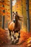Placeholder: galopperande tråkig häst omgiven förbi rik höst toner av skog löv som den kostnader ner en rustik skog spår i levande dagsljus