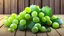 Placeholder: bunch of juicy green grapes on a wooden table, glossy white background, photorealistic