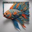 Placeholder: Picture a 3D fish silhouette about 10 feet long and 6 feet high, suspended in the air. The frame has several horizontal ribs, which are covered with overlapping textile pieces in bright blues, oranges, and greens, featuring intricate patterns and textures reminiscent of fish scales. Imagine the scales gently rising and falling in a wave-like pattern. As viewers move around the installation, they see different parts of the sculpture come to life with subtle movements. Soft blue and green lights c