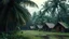 Placeholder: great apes, thick coconut trees and huts of fierce indigenous people in the foreground and humid environment