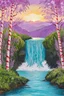 Placeholder: Lavender Sunrise over the turquoise waterfall by magic trees made with candy cane trunks with pastel cotton candy leaves; Van Gogh