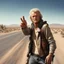 Placeholder: Hitchhiker on desert highway who looks like Rutger Hauer, thumb out, mid shot, photorealism, natural lighting, hyperrealistic,