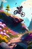 Placeholder: Biker jump on trail. Beautiful landcape, lots of stones, flowers, digital art style, 4k