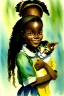 Placeholder: A cute smiling african girl is holding a kitten. Watercolour