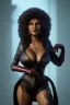 Placeholder: Pam Grier as evil queen in black leather, leather, busty, cleavage, angry, stern look. character design by cory loftis, fenghua zhong, ryohei hase, ismail inceoglu and ruan jia. unreal engine 5, artistic lighting, highly detailed, photorealistic, fantasy