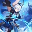 Placeholder: Genshin woman, Clear Focus High resolution, Calm Background, Light skinned woman, Black long beatiful hair, Dark blue sparkling eyes, Very Beatiful Face, Splash art, Battle Scene Epic, Kicking Pose