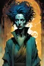 Placeholder: create a wildly imaginative full body portrait of an ethereal, otherworldly , gnarled and emaciated ancient antediluvian female vampire sorceress with extremely short hair in ragged , decayed ornate robes , in the comic book art style of Bill Sienkiewicz, Mike Mignola, and Jean Giraud Moebius, with highly detailed feminine facial features , finely drawn, colored and inked,