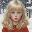 Placeholder: 1970s, blond Little girl si in red, long hair parted in the middle, in rhe snow, in the style of Margaret Keane