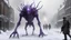 Placeholder: TALL NASTY ALIEN CREATURE HALF creature half machine WITH AN ELECTRONIC PURPLE EYE, ATTACKING A ww1 BRITISH SOLDIER, snowy london street 1898, the snow, SNOW ON THE GROUND, BURNING DEBRI LIES ALL AROUND, PHOTO REALISTIC, EPIC, CINEMATIC