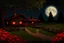 Placeholder: Dry trees, night, full moon, cabin, yard with red flowers, fence, background pc