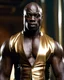 Placeholder: Adewale Akinnuoye-Agbaje as a handsome dark skinned and muscular heavy set man with a bald head and neatly trimmed beard. he is wearing a leather waistcoat and no shirt. he has a gold earing in his left ear. modern setting