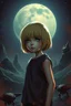 Placeholder: short hair blonde girl like a boy looking around her on a strange planet in the dark frightening