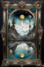 Placeholder: full monn reflections in big antique brocken mirror, mixed media portrayal blending Quentin Blake's whimsy with El Kazovszkij's dystopian surrealism, thryller and Raymond Swanland's dynamic artistry, encased in a quadratura-style frame reminiscent of Caldecott's narrative illustration, set against a dark fantasy and steampunk backdrop by Abigail Penner