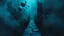 Placeholder: passage over nothingness, surreal, dark and cold abstract artwork dominated by deep blue, icy cyan, charcoal black and muted steel-grey tones. An narrow passageway emerges from an abstract distorted weird landscape, surrounded by thick fog and drifting mist. The space feels nightmare, alien and unsettling, with floating circles and balls geometric forms, fragmented architecture, perspective. At the center of the composition cracked stone way over abyss