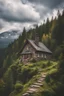 Placeholder: A beautiful cottage with a chimney and partly cloudy and cloudy weather on top of a forested mountain