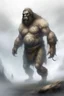 Placeholder: a foggy mist cloudy , a big giant man from Stone Age wearing a fur skin