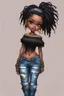 Placeholder: create a colorful abstract comic book art image 8k of a chibi curvy black female wearing torn jeans pants with fringe on the side and a black-tie dye off the shoulder blouse. Prominent make up with hazel eyes. Highly detailed long Senegalese twist in a hair wrap