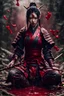 Placeholder: Tall girl samurai, siting pose, fullbody, splashes blood, behind guts rising from the ground, intricate, darkred tones, macro photography,