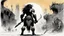 Placeholder: [high res illustration by Ralph Steadman] the back of the Barbarian female warrior who is aremed to fight in the shadows of the labyrinth city of Lankhmar: In the center of the dark plaza, is a creature which body is a grotesque amalgamation of dust and fumes, twisting, motioned by some unspeakable evil. Its threatening eyes are burning coals.