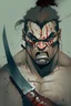 Placeholder: Draw me a fighter who is very miserable and angry, and I want him to bear a sword and be angry and have blood coming out of his eyes