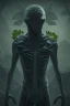 Placeholder: running alien portrait , black jogging suite , in the night Alps , holding leaves and coins , angels background, volumetric light, high detail, dark leaf tree, dark mountains in background, perfect, HR Giger style